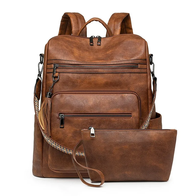 Vintage PU Leather Women Backpack Suit Commuter Daypack Clutch Bag 2pcs Set Student Book Bag Laptop Bag Fashion Travel Rucksack