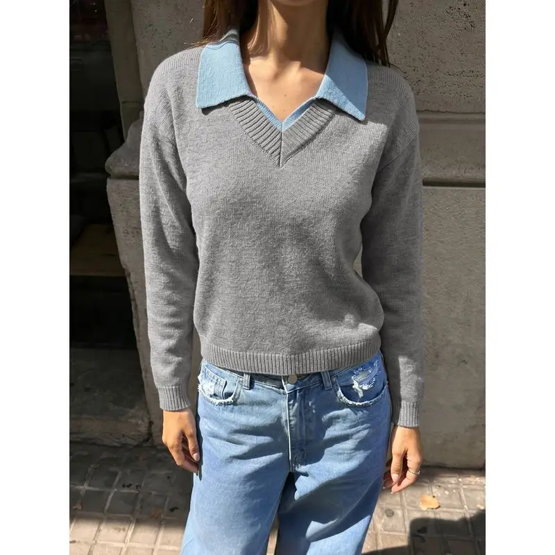 Women's Faux Two-Piece Knit Sweaters Comfy Warm Lapel Turn-down Collar V-Neck Long Sleeve Y2k Loose Knitwear Pullover Streetwear