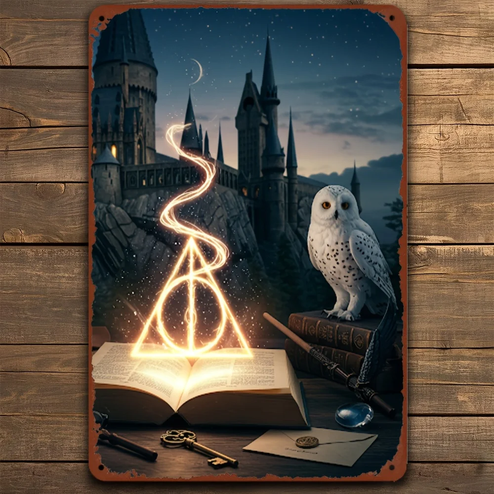 Letrero artístico de pared de Metal de Warner Bros, Harry Potter, Castillo de Hogwarts y símbolos mágicos, decoración coleccionable de hierro de inspiración Vintage, 1 ud.