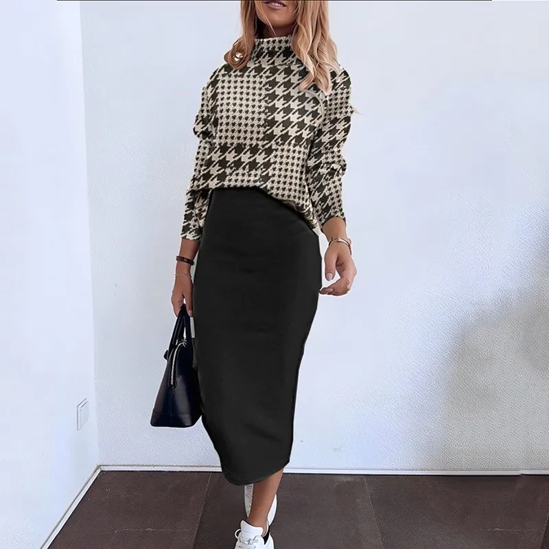 Autumn Winter Elegant Turtleneck T Shirt With Skirt Two Piece Sets For Women Fashion Long Sleeve Print T Shirts+pencil Dress Set