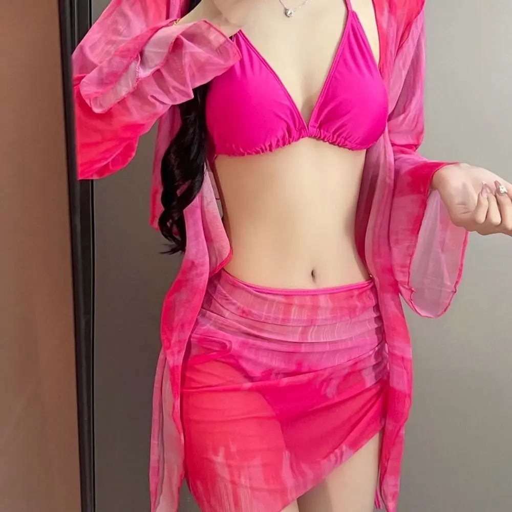 Tie Dye Bikini Set 4 Piece Set Mesh Long Sleeve Swimsuit Set Drawstring Mini Skirt Lace-Up Crop Top Swimwear Set Vacation