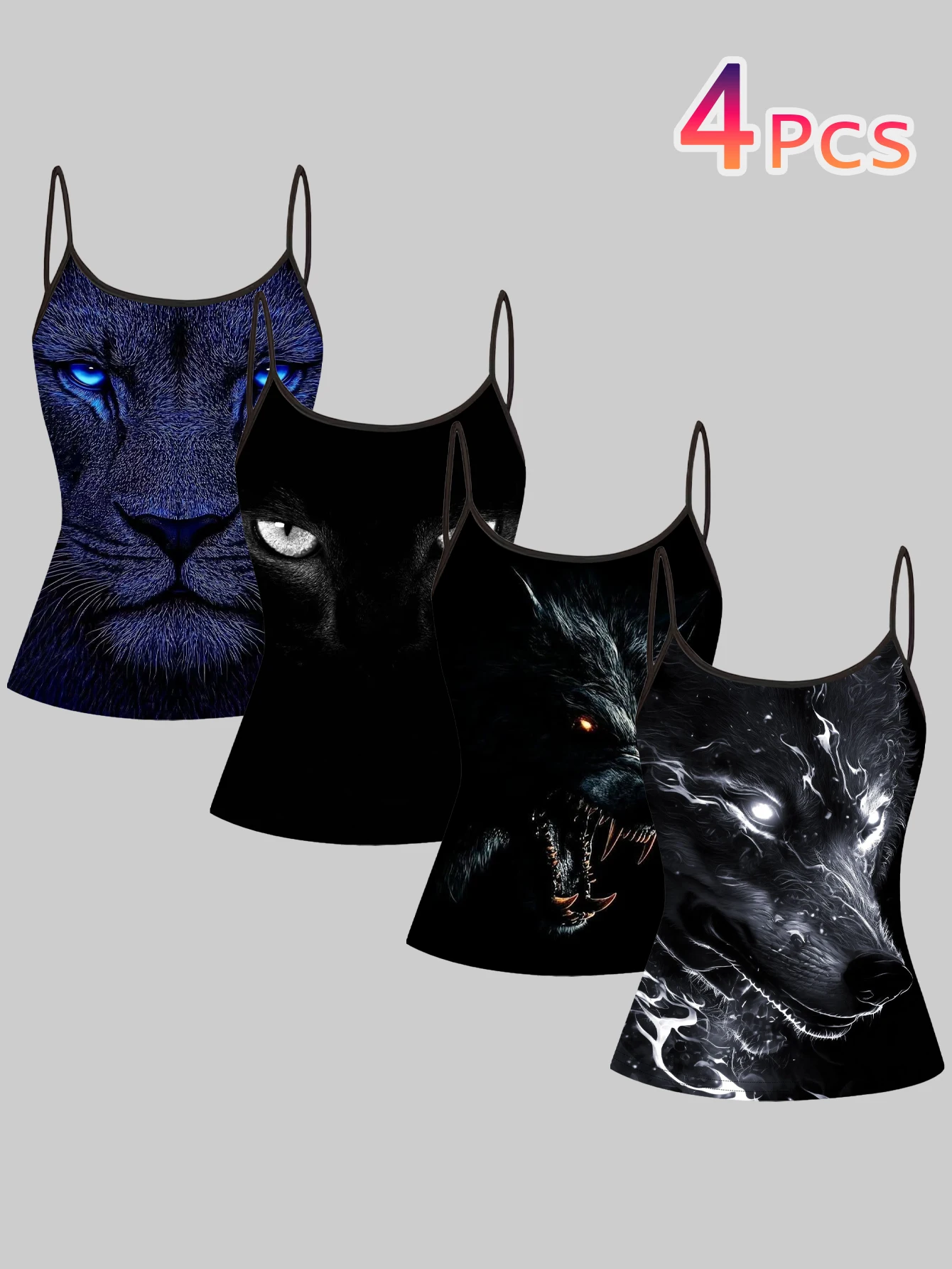 Women's 4-Pack Printed Camisole Tops with Designs of Blue-Eyed Lion, Black and White Cat, Fanged Wolf, and Flowing Ice Wolf Animal Portraits, Slim-Fit, Flattering, Sleeveless Outerwear