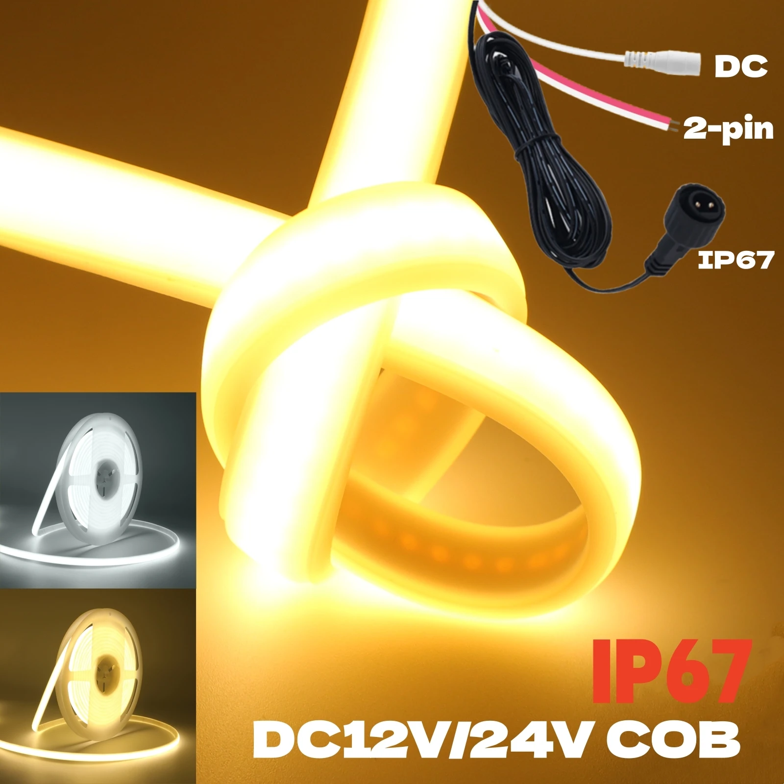 COB LED Strip Light with DC Female Plug or 2Pin Wire 12V 24V Flexible 320LEDs/m IP67 Home Decor 3000K 4000K 6000K Tape Rope Lamp