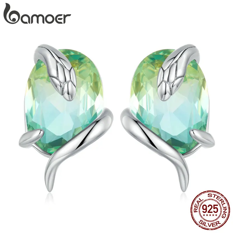 BAMOER 925 Sterling Silver Vintage Green Rhinestone Long Snake Earrings Studs Platinum Plated BSE731