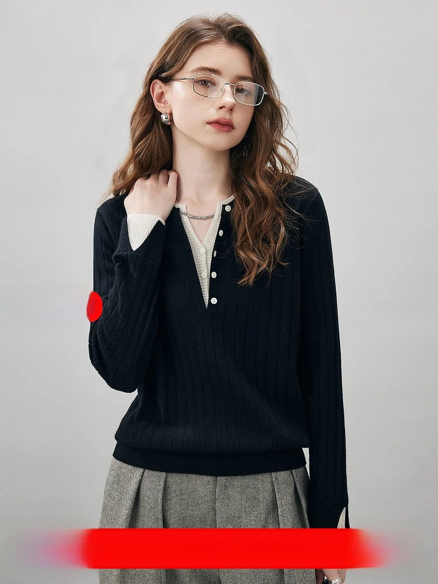 

Bla Woolen Sweater round Ne Base irt Color Colion Fake Two-Piece Straight Tube Commute Sle Knitted Women's Top