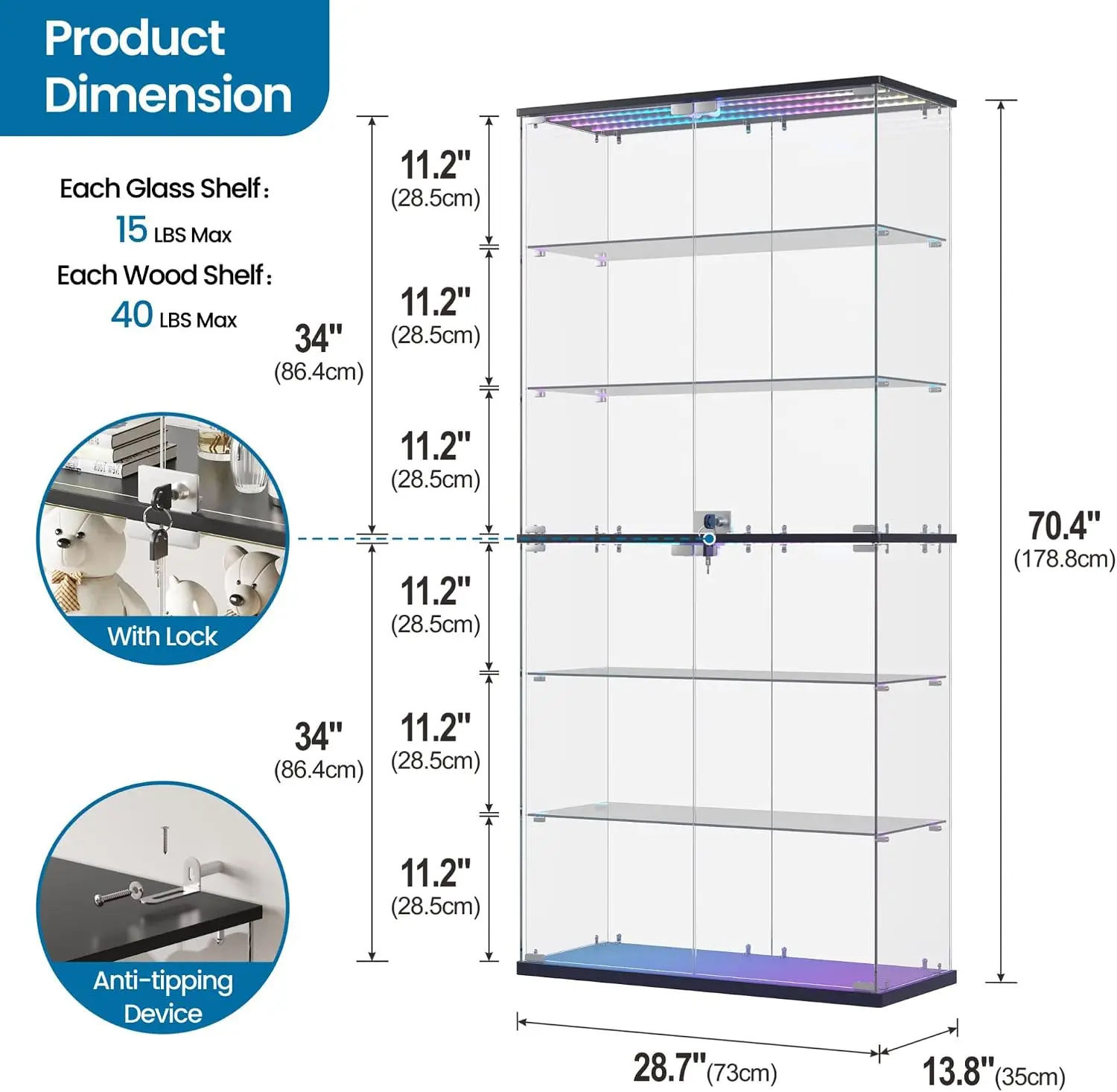 6-Tier Glass Display Cabinet, RGB LED Lights for Collectibles | 70