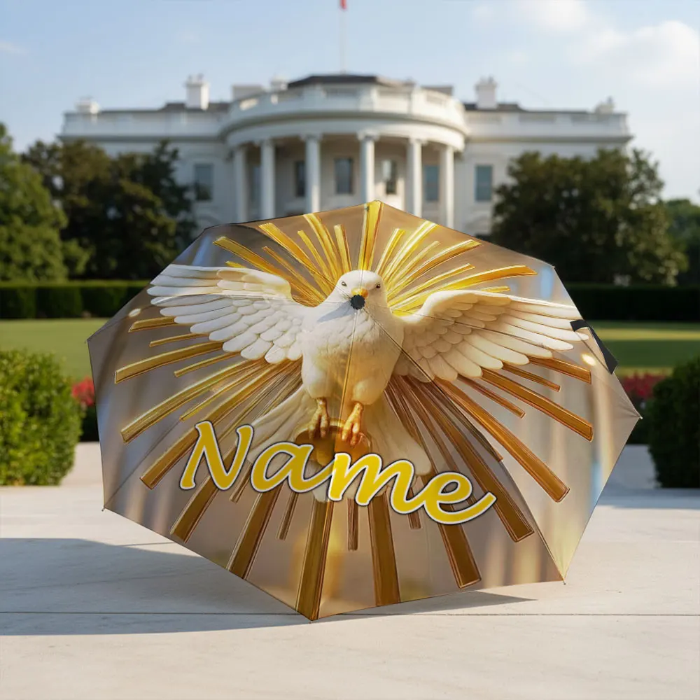 Custom Name Umbrella Holy Dove Golden Rays Print Folding Umbrella,Sun Rain Dual‑Use,Portable Travel Parasol For Religious Gift