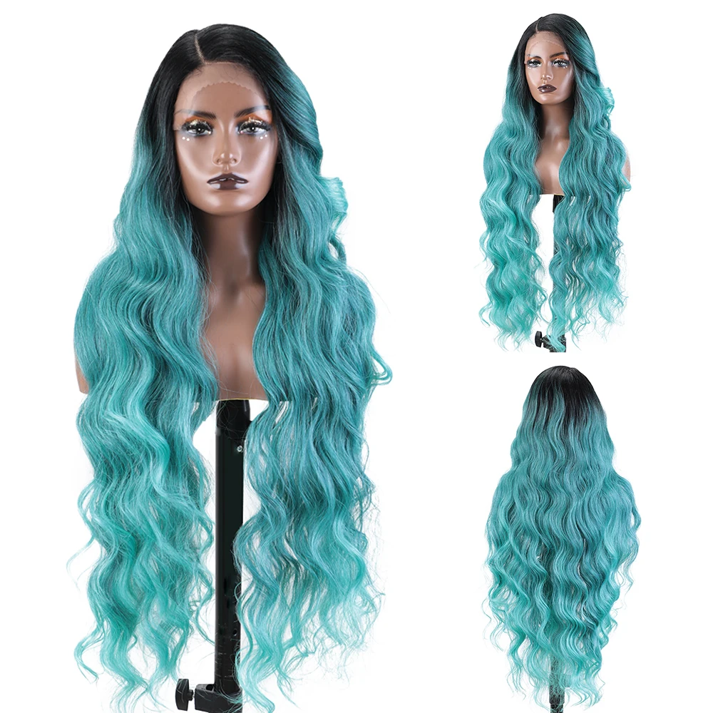 Synthetic Lace Front Wig Ice Blue Green Black Wig Long Wavy 36 \