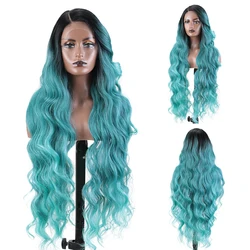 Synthetic Lace Front Wig Ice Blue Green Black Wig Long Wavy 36 