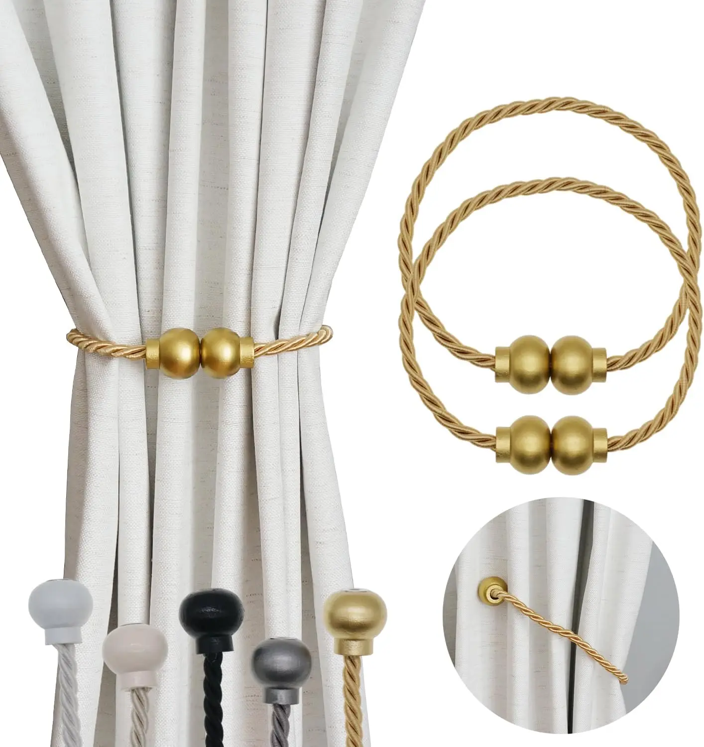 

Magnetic Curtain Tiebacks with Strong Magnets for Drapes and Sheers, Gold Rope Holdbacks for Living Room Bedroom
