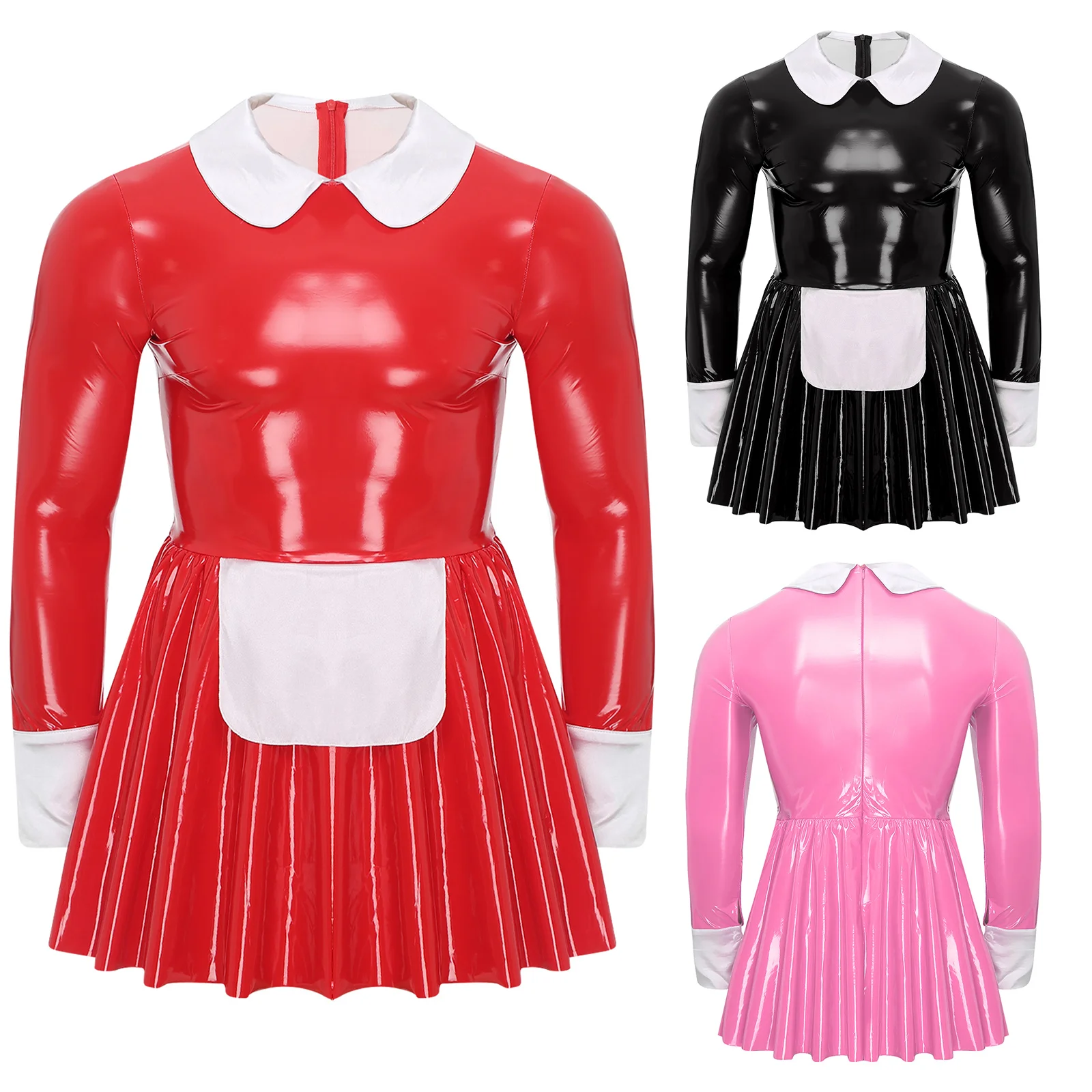 Mens Male Sissy Maid Dress Sexy Cosplay Costume Clubwear Puff Sleeve Wetlook Latex Maid Servant Uniform Flared Dress with Apron