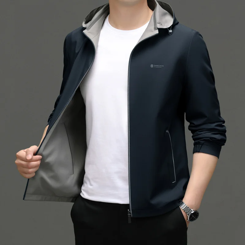 

New Reversible Hooded Jacket Men's 2024 Spring Autumn Streetwear Detachable Hat Top Coat Business Casual Outdoor Solid Windbreak