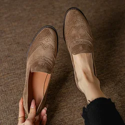 Brogue Shoes WomanThick Heeled  Pumps Real Leather Loafers Retro Shoes French Style Vintage Dress Shoes Spring Atumn Pumps