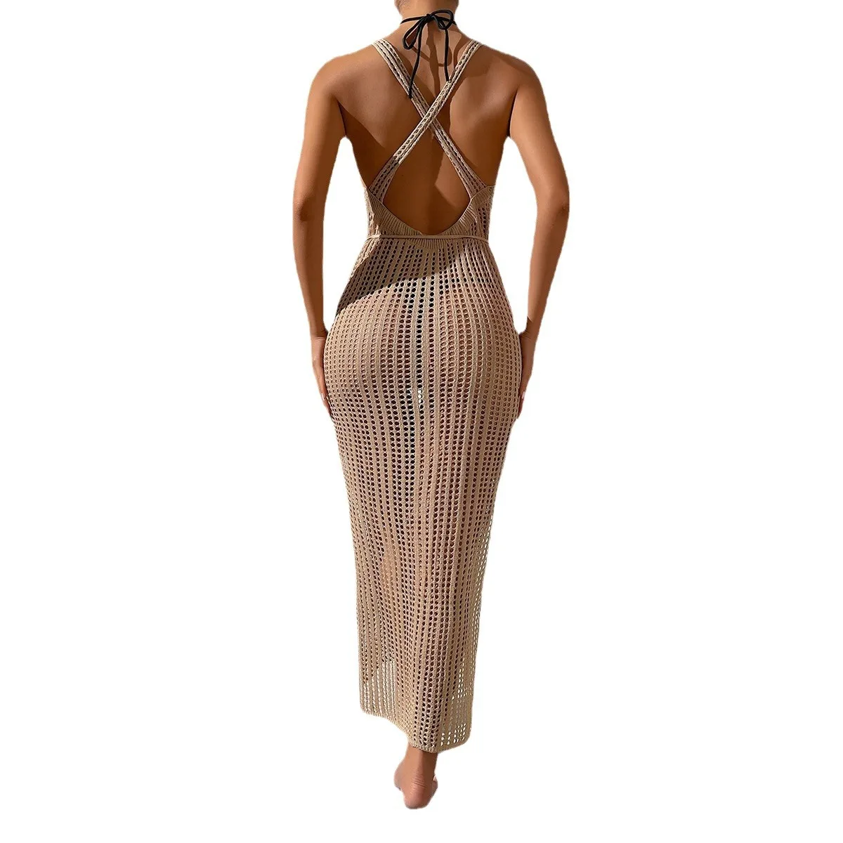 女性の夏のセクシーな中空アウトニットビーチカバーアップ両面スリットドレス女性ビーチウェアラウンドネックノースリーブ服