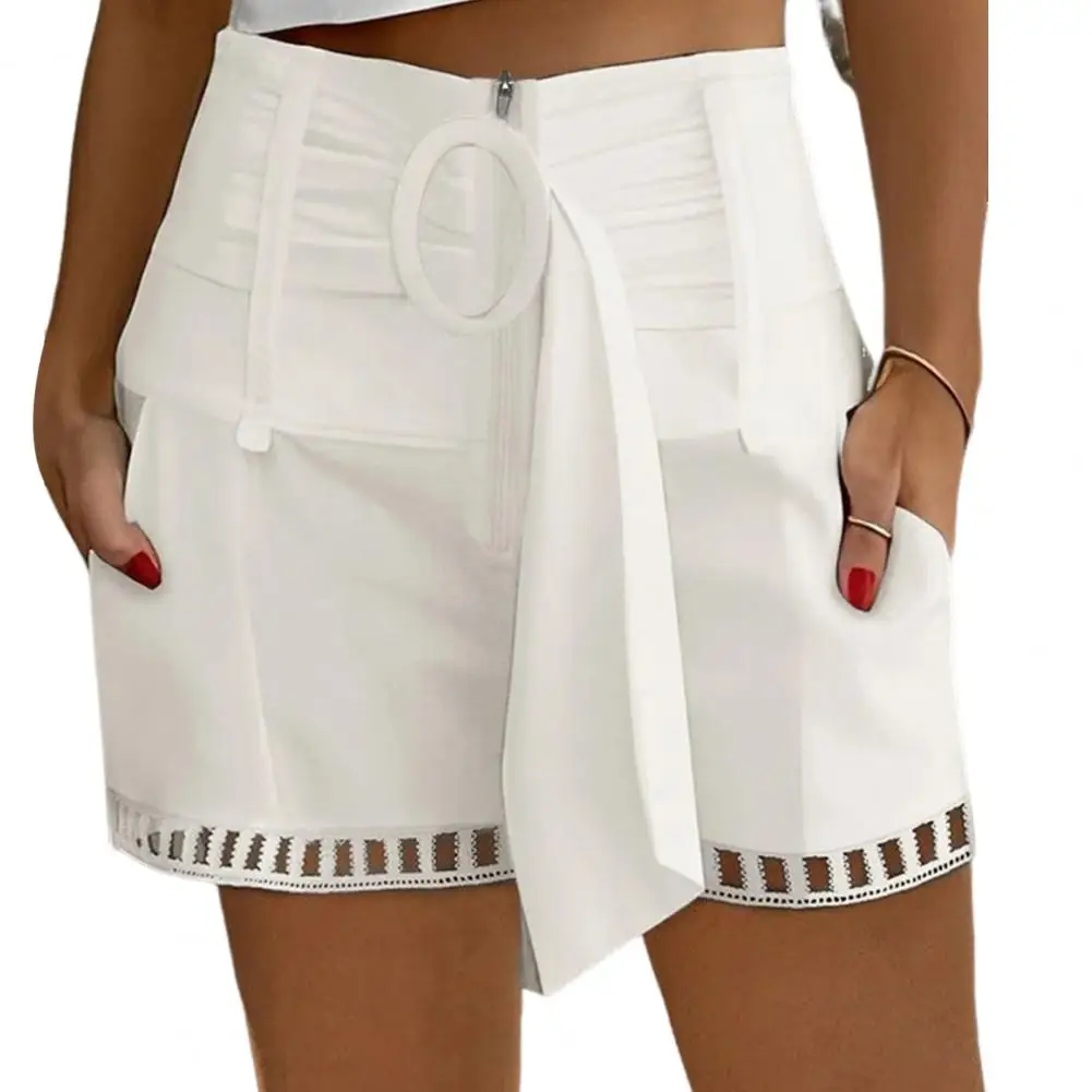 

Women Summer Shorts Hollow Out Belted Adjustable Mid Waist Zipper Closure Side Pockets Straight Slim Fit Casual Mini Shorts 반바지