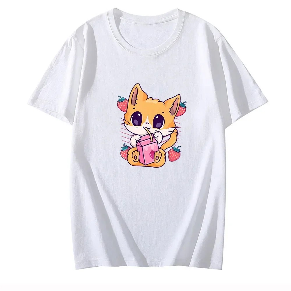 Strawberry MilkShake T Shirts Short Sleeve Anime Tee-shirt Cartoon Print Comfortable O-neck Tshirt Ropa Hombrer Cute Casual Tees