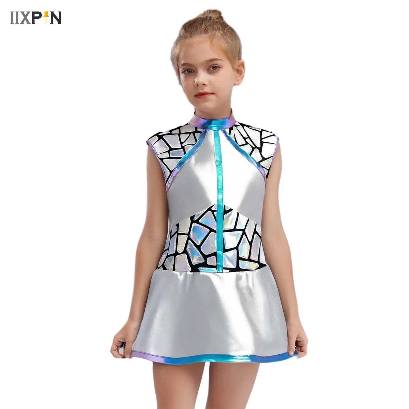 

Kid Girls Alien Costume Cheerleading Dance Dress Halloween Cosplay Festival Anime Clothes Sleeveless Shiny Spangles Tutu Dresses