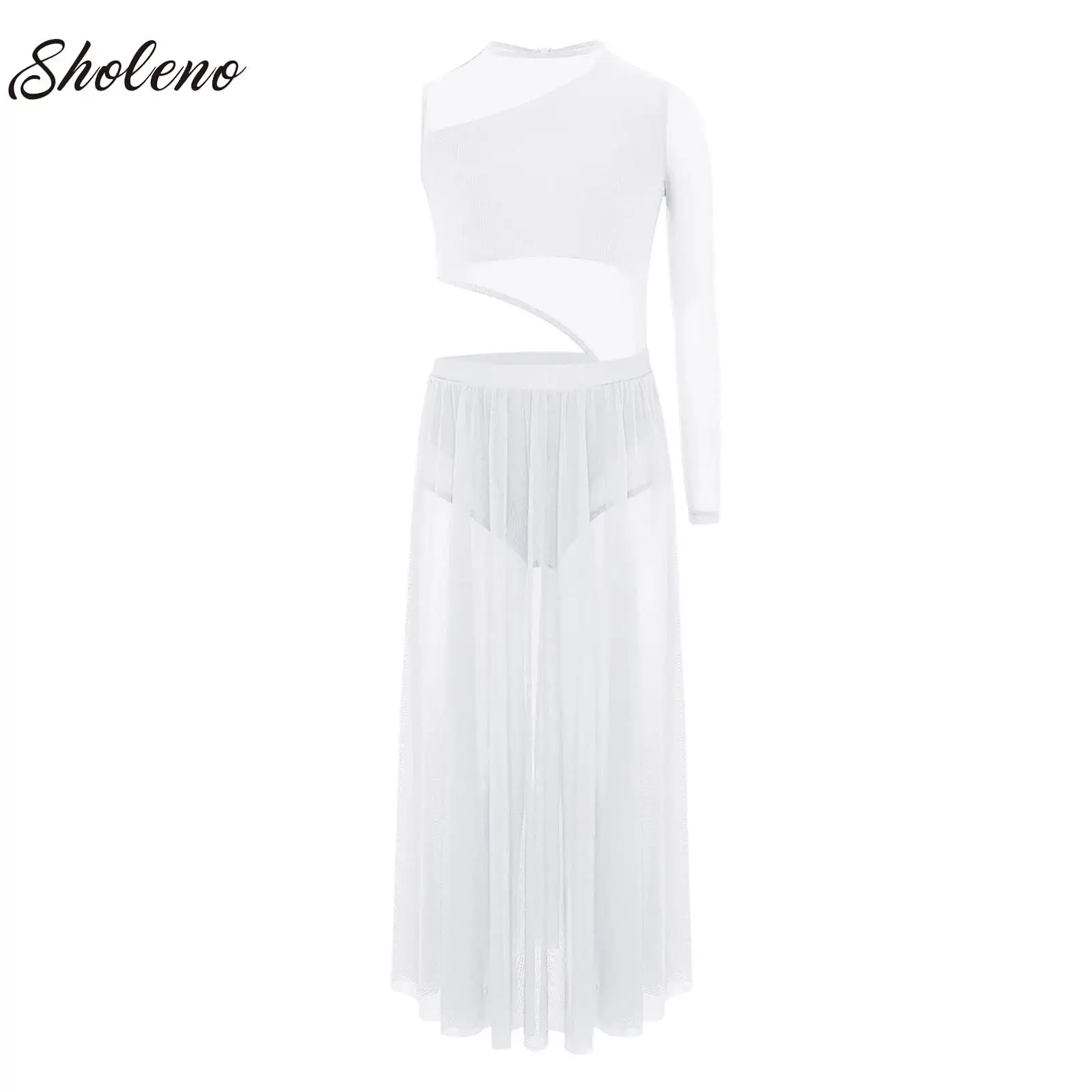 

Girls One Shoulder Long Sleeve Ballet Dance Dress Mesh Split Hollow Waist Skating Gymnastics Leotard Dress Lyrical Dance Costume