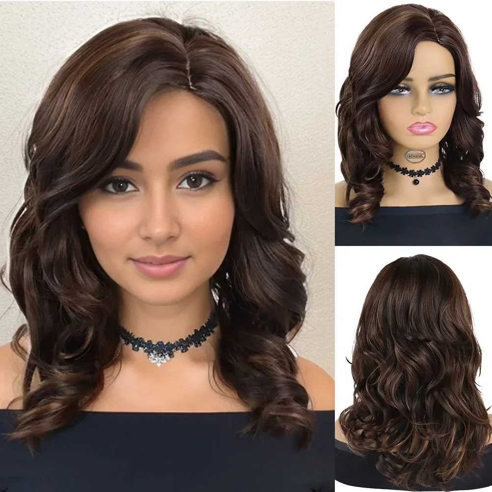 

Natural Wigs for Women Synthetic Fiber Medium Curly Wigs with Bangs Mixed Brown Hair Long Full Wigs Mother Gift Old Lady Costume