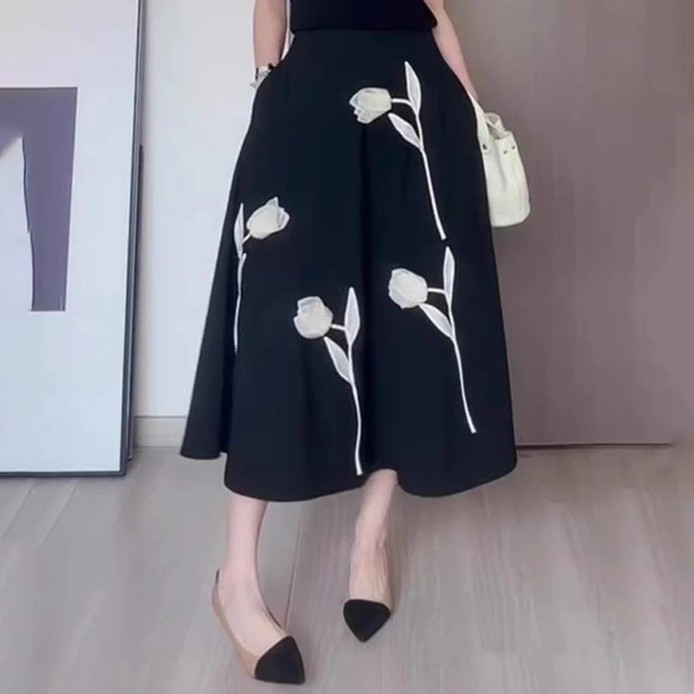 

black three-dimensional flower skirt women's summer popular new tulip high waist and thin large size A-shaped skirt