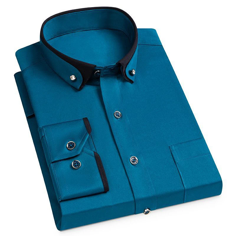 Camisa de manga larga para hombre, camisa elástica de doble cuello, informal de negocios, ajustada, transpirable, color sólido