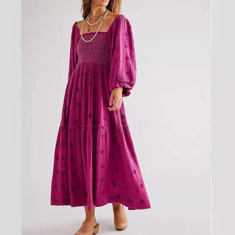 

Flower Embroidered Women's Long Dress Sexy Bodycon Lantern Sleeve Square Neck Sundress Bohemian Evening Party Maxi Dresses