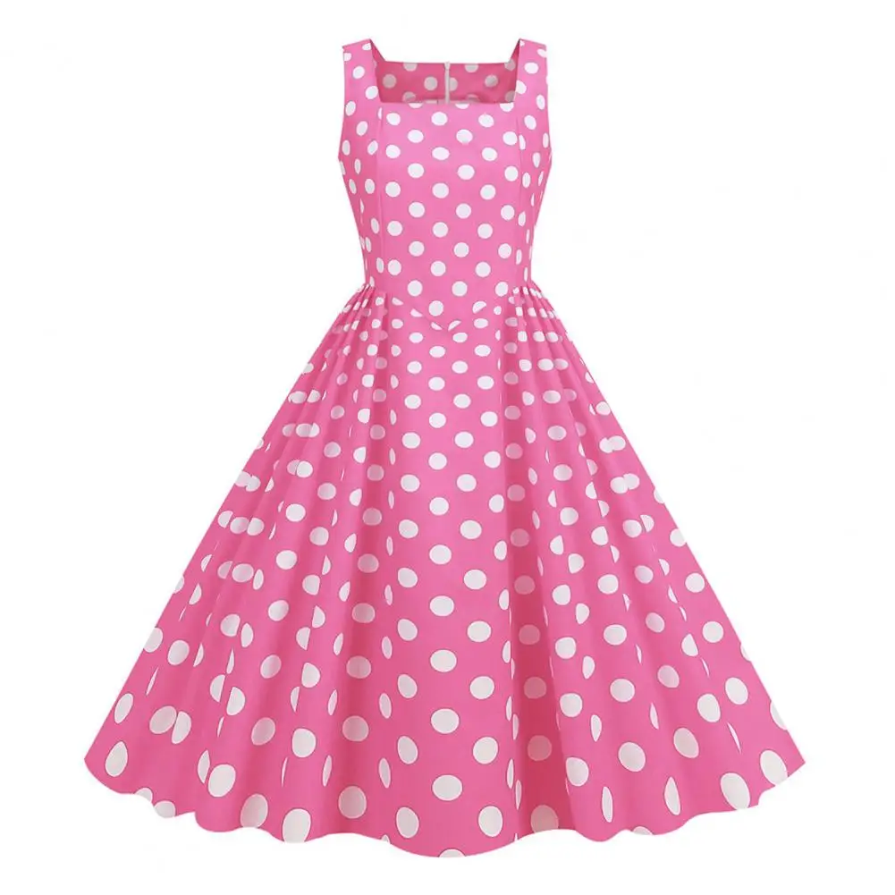 

Women Sundress Square Neck Dot Print Princess Dress Vintage Movie Style Evening Dress A-line Tight High Waist party dresses