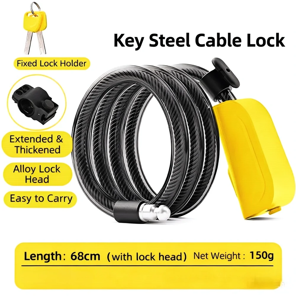 AliExpress Other Steel Cable Bike Lock with Alloy Lock Head, Cut-Resistant Thick Cable, 2 Size Options, Includes Mounting Holder and 2 Keys