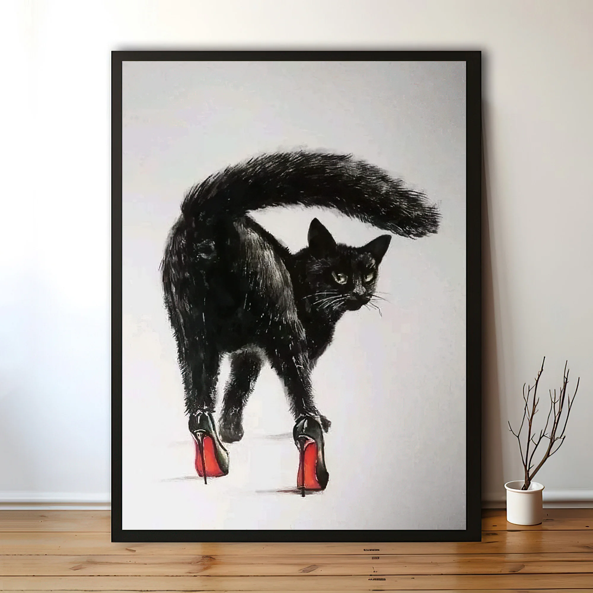 1pc Black Cat Wearing High Heels Poster, Canvas Decoration Painting, Unframed Modern Style for Home, Living Room, Bedroom Dec