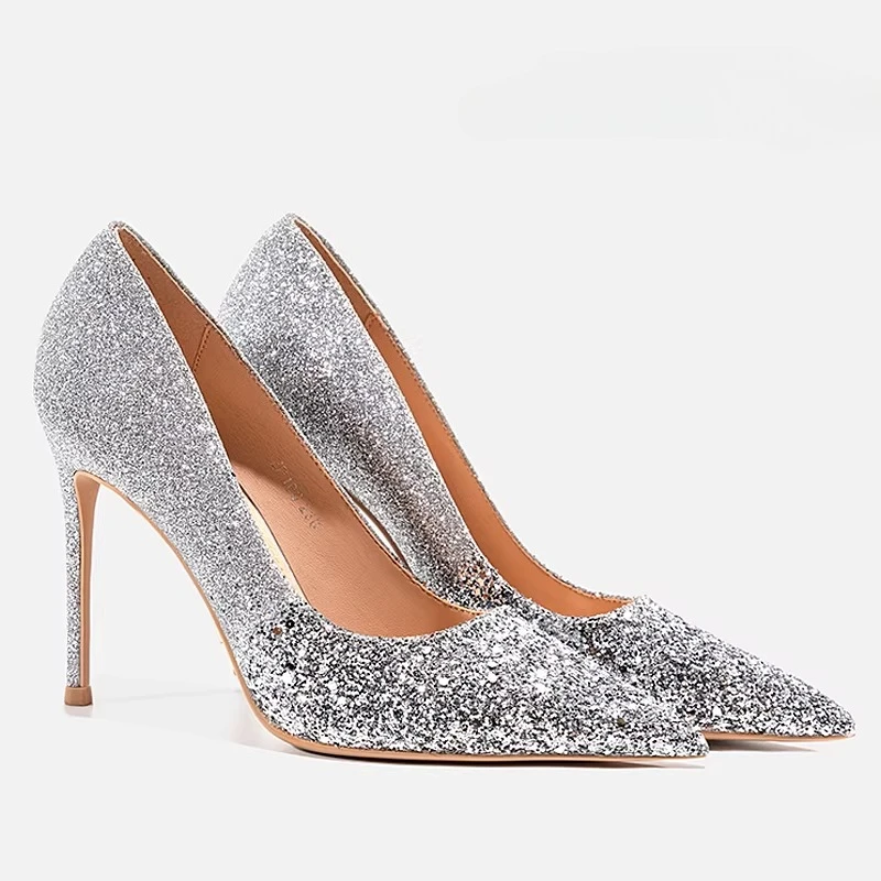 

silver Sequin High Heels Women Thin Heel Pointed Toe 2025 New Sexy Elegant White Wedding Shoes French Style Pumps