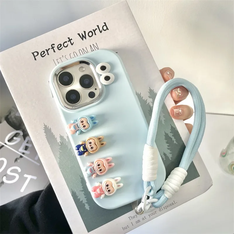 3D Cute Eyes Cartoon Monster Rabbit Elf Toy Case For iPhone 16 15 14 13 12 Mini 11 Pro XS Max XR 7 8 Plus SE Wrist Strap Cover