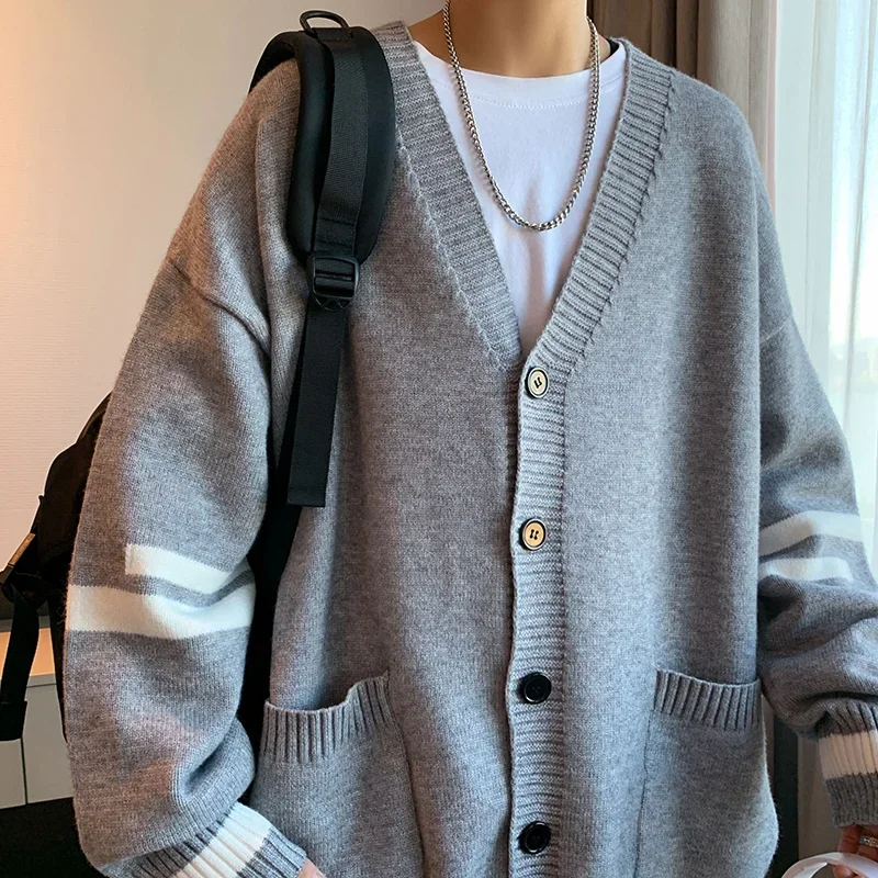 

Men's V-Neck Striped Cardigan Sweater, Loose Cotton Knitwear, Korean Fashion, Ins Hong Kong Sle, Casual Knit, Spring and Au y2k