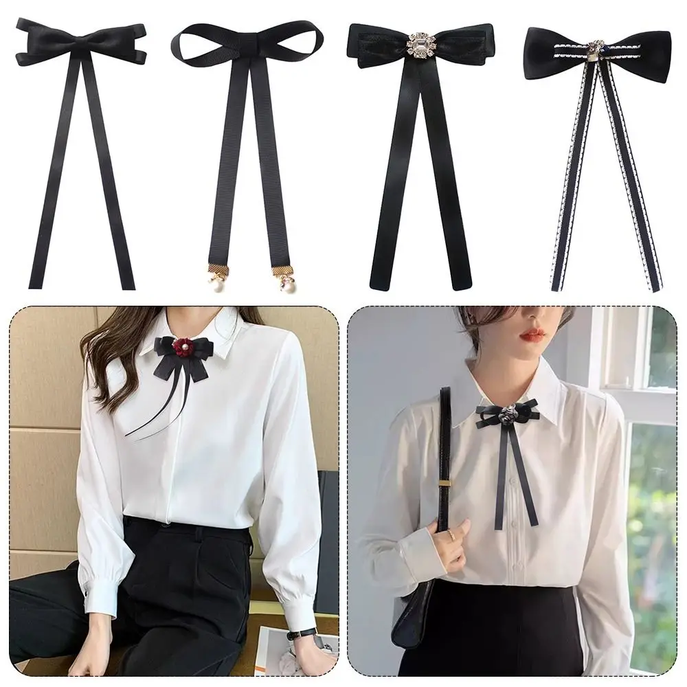 Rhinestone Pearl Bow Blouse Ribbon Bow Tie College Style Graduation Bowknot Black Bank Hotel Shirt Collar Pin Brooch