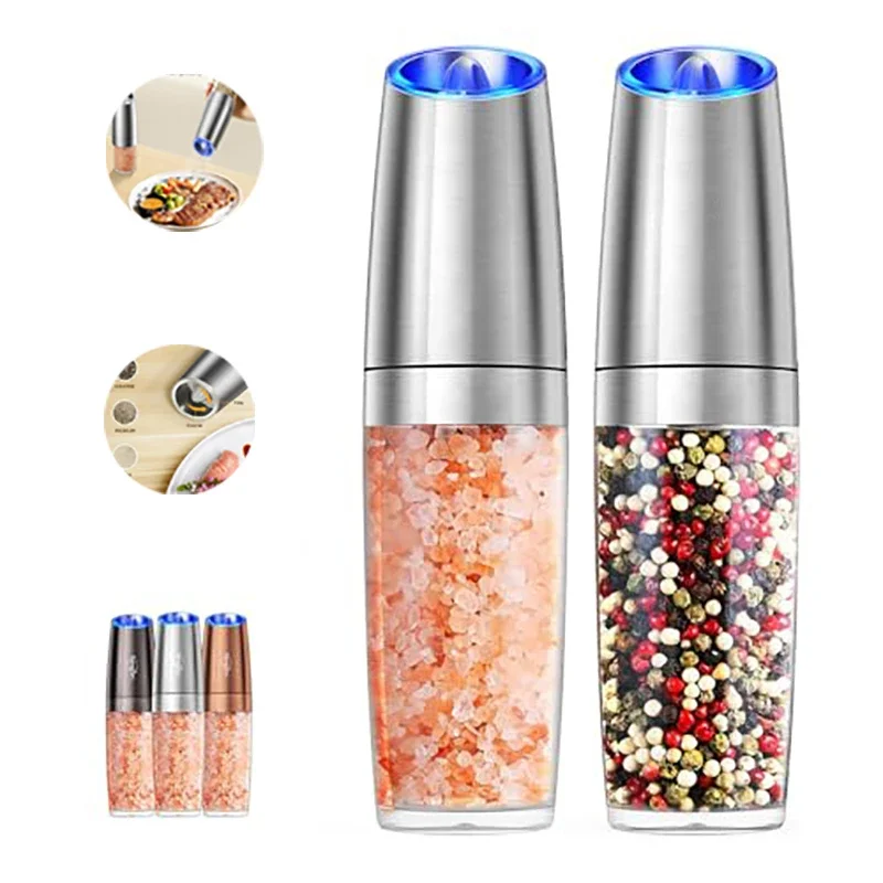 Gravity Electric Pepper and Salt Mills Set Automatic Shakers Mill Grinder with LED Light, Battery Powered Adjustable Coarseness