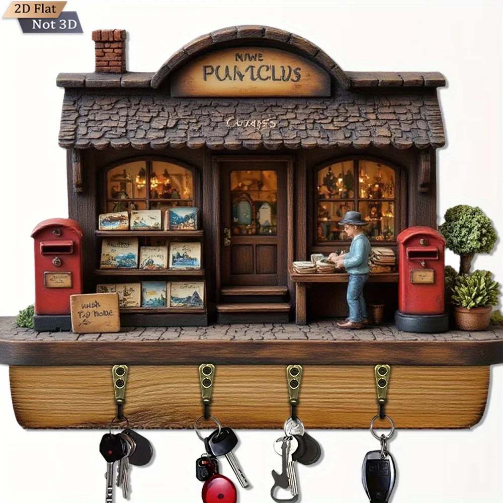. 2D Flat. 1pc, Retro mailbox cottage-style key hook, wooden multifunctional home key rack, with four metal hooks, wall