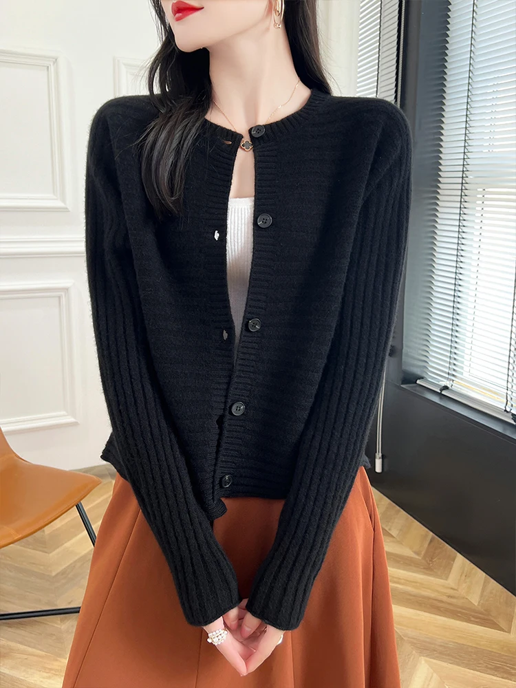 Women's Sweater Cashmere O-neck Cardigan 100% Merino Wool Knitwear Raglan Sleeve Striped Autumn Winter Solid Grace Clothing Tops