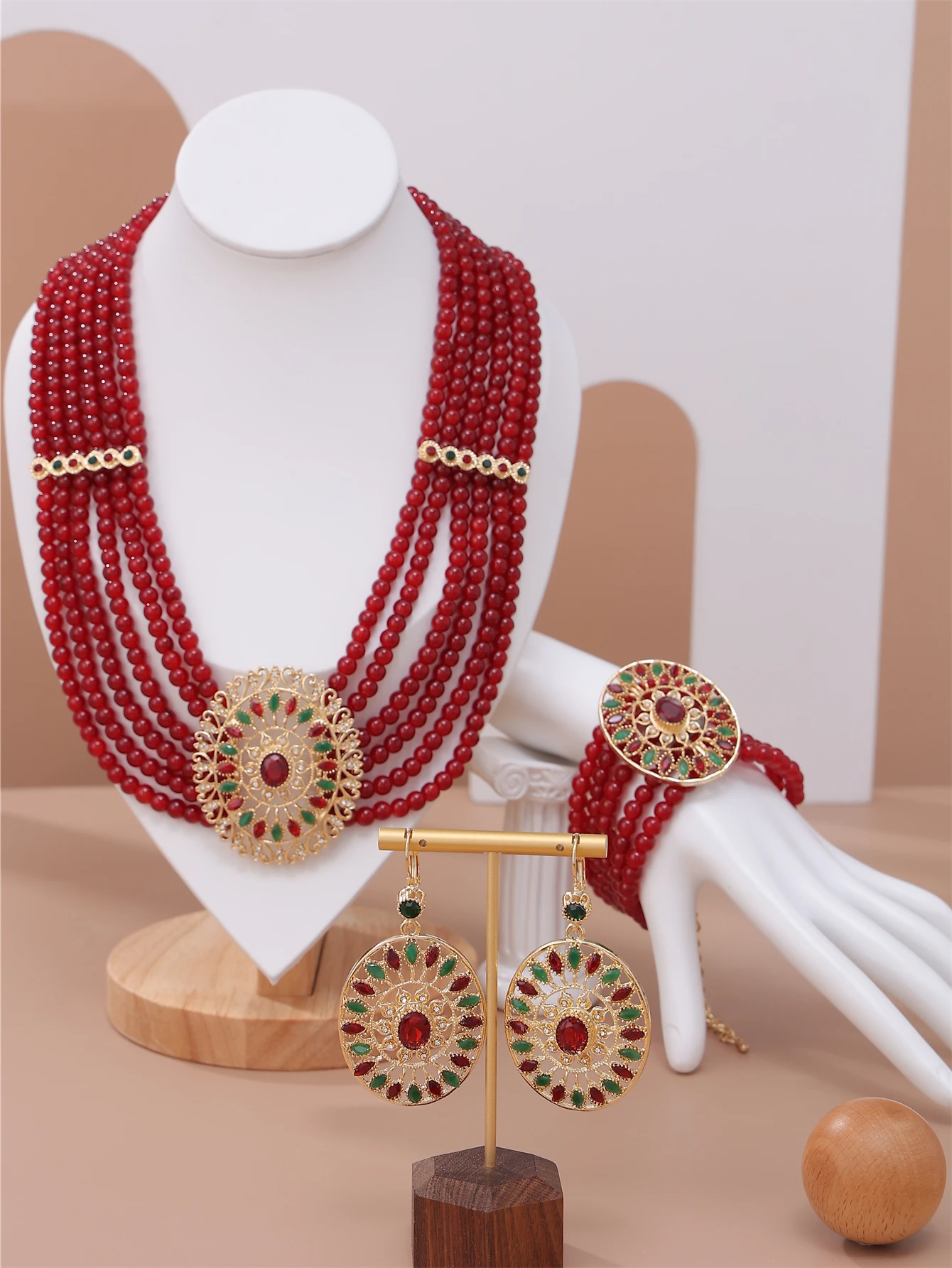 Gold Color Morocco Luxuriant Bride Wedding Jewelry Set Handmade Beaded Necklace Earring Bracelet For Women Bijou