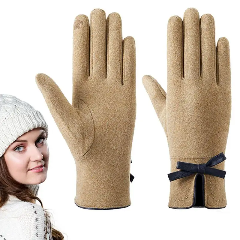 Women Touchscreen Gloves Womens Stretch Fleece Gloves Windproof Soft Warm Cozy Sports Winter Texting Gloves With Bow Cuff For