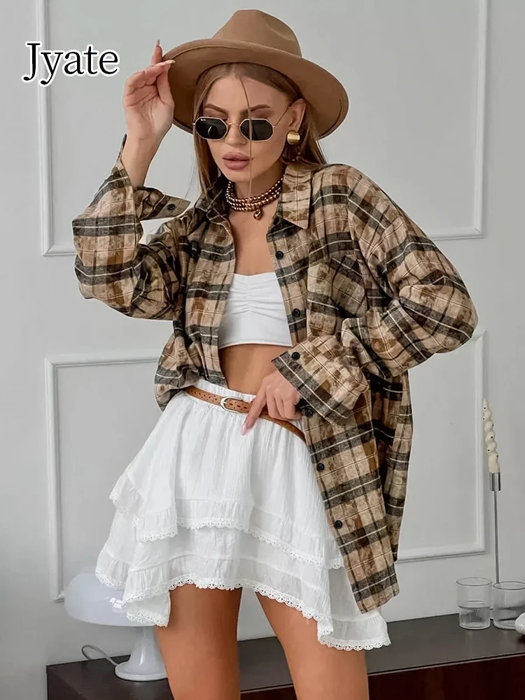 Jyate Turn Down Collar Vintage Gingham Shirts Women Oversize Pockets Plaid Blouses And Tops Long Sleeves Streetwear 2024 Fall