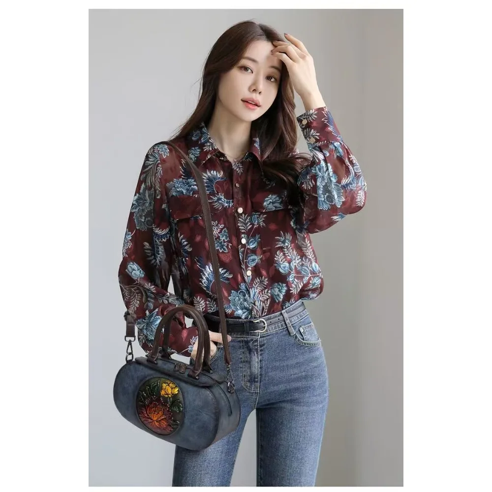 

Vintage Soft Leather Handbag Women's Casual Cylindrical Fashion Elegant Printed Shoulder Bag