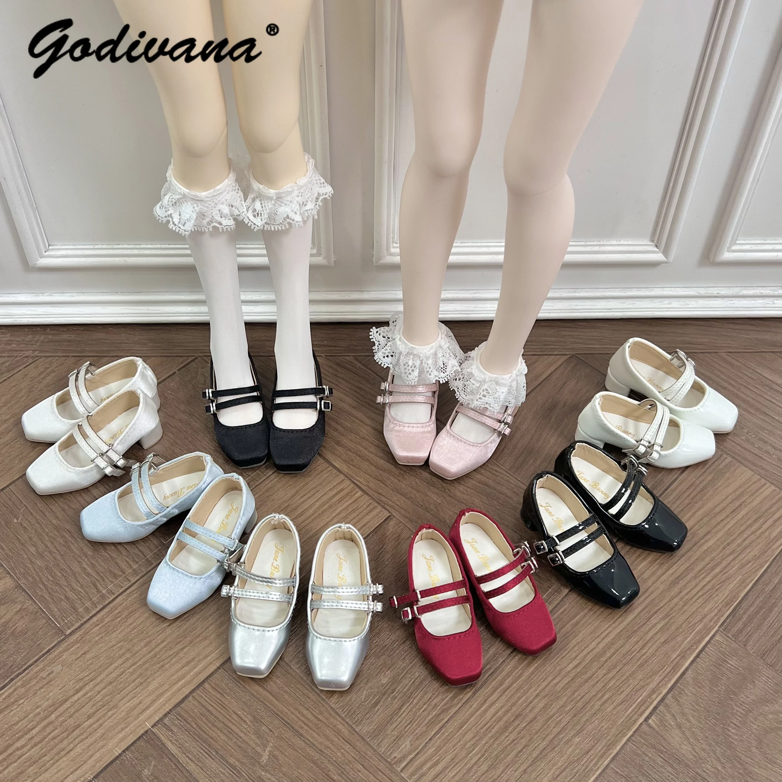 1/4 BJD Doll Shoes Square Toe Double Strap Block Heel Mary Jane Doll Shoes Sweet Vintage Doll Footwear with Adjustable Buckle