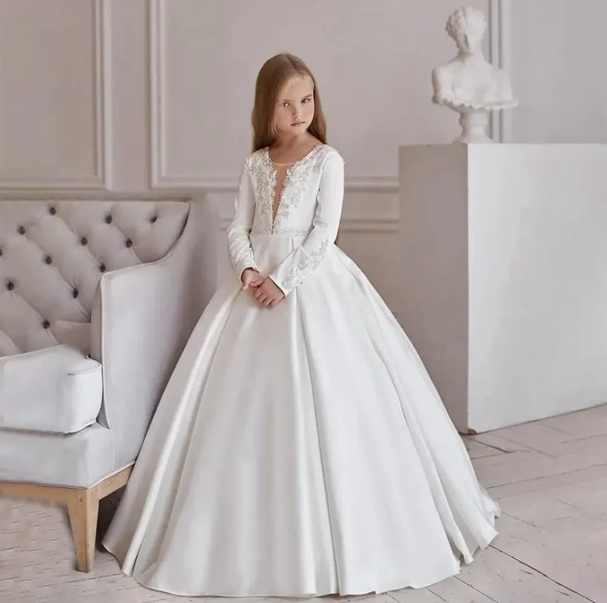 

Elegent White Ball Gown Flower Girl Dresses For Wedding V-neck Beaded Long Sleeves First Communion Dress Child 1-14T