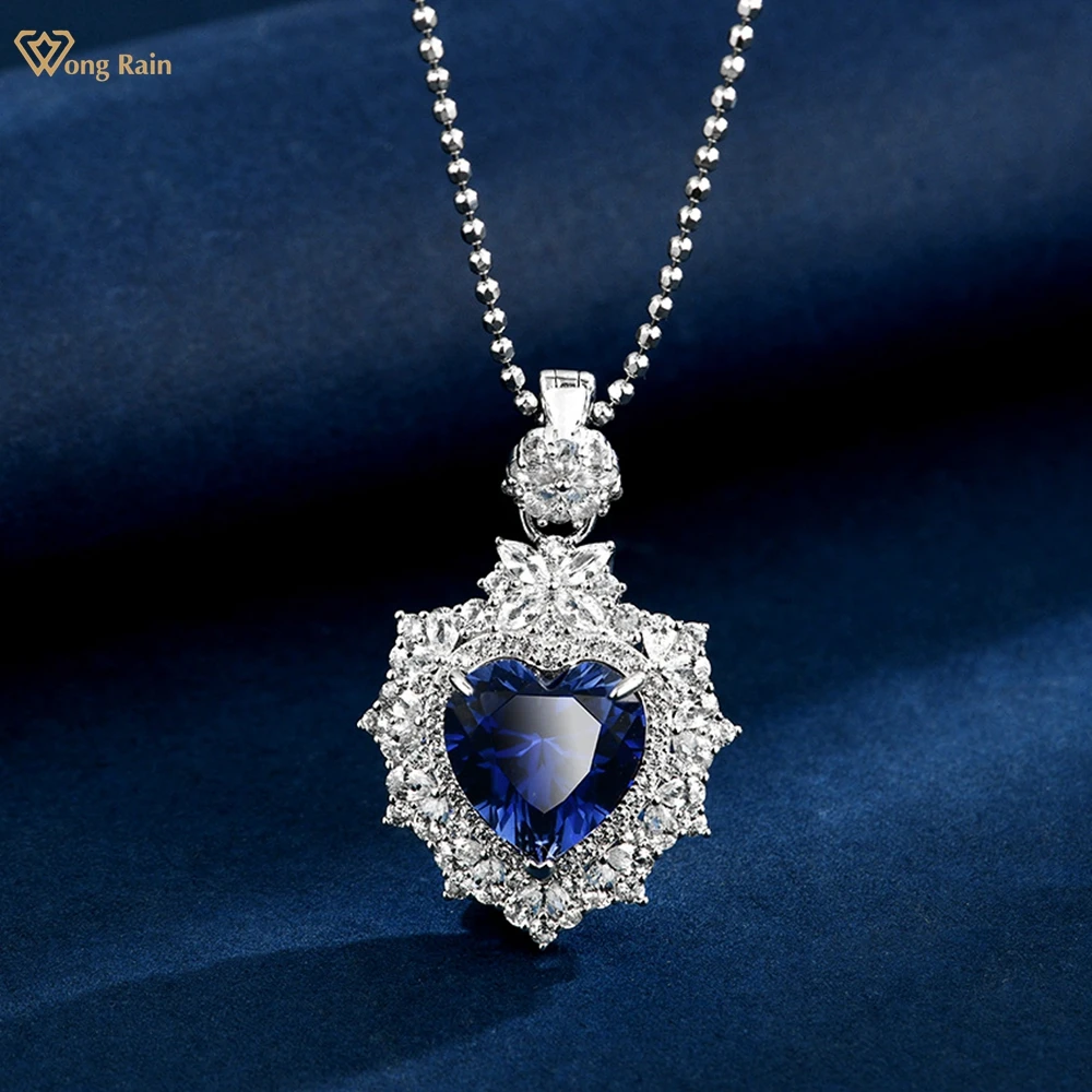 

Wong Rain Luxury 925 Sterling Silver Heart Cut 12 MM 8 CT Sapphire High Carbon Diamond Gemstone Pendant Necklace Fine Jewelry