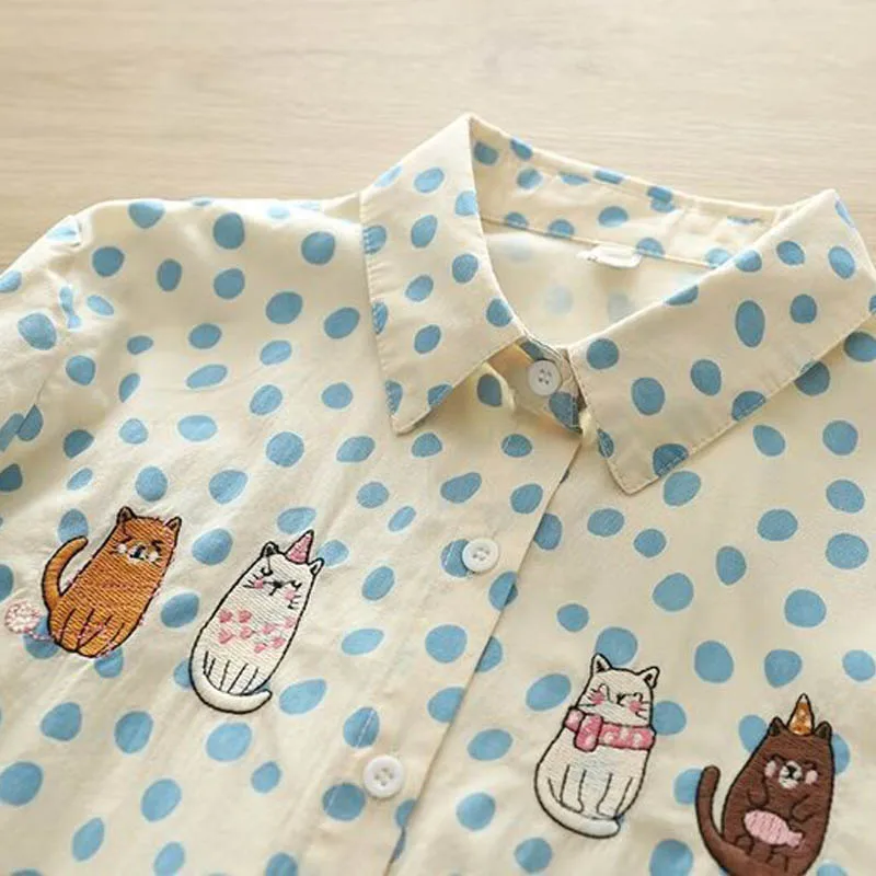 Sweet Cartoon Shirt for Girls Long Sleeve Turn-down Collar Embroidery Cat Pattern Tops Japanese Forest Style Blouse Polka Dots