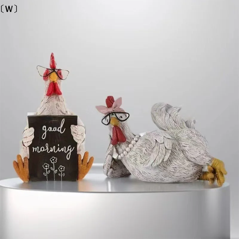 〔W〕Rustic Resin Rooster Hen Good Morning Statue Chicken Figurine Indoor Outdoor Garden Animal Tabletop Theme Decor Gift〔Winter1〕