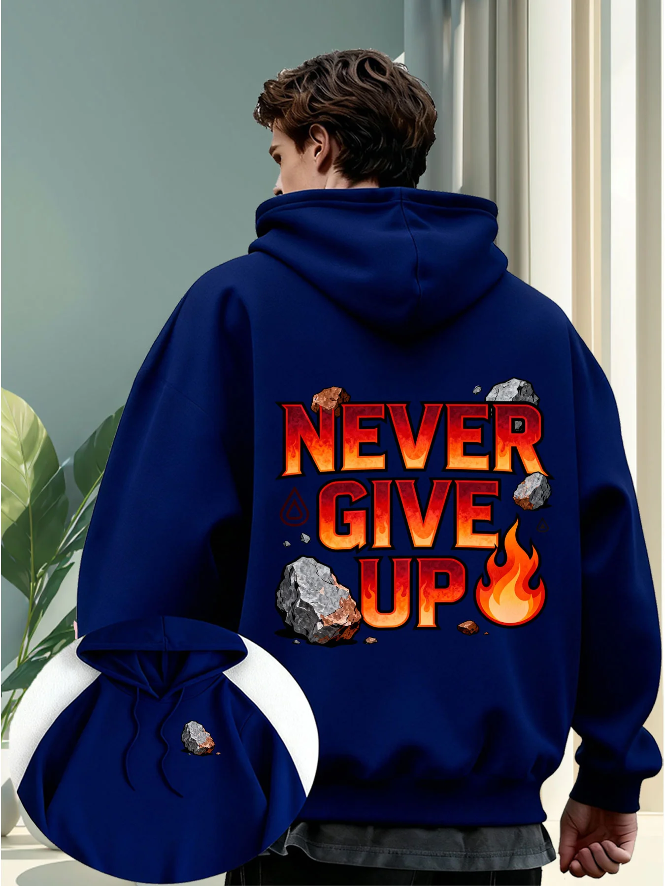 New Arrival Men Hoodie Back Never Give Up Flame Rock Motivational Graphic Print Pullover Sweatshirt Autumn Winter Casual Tops