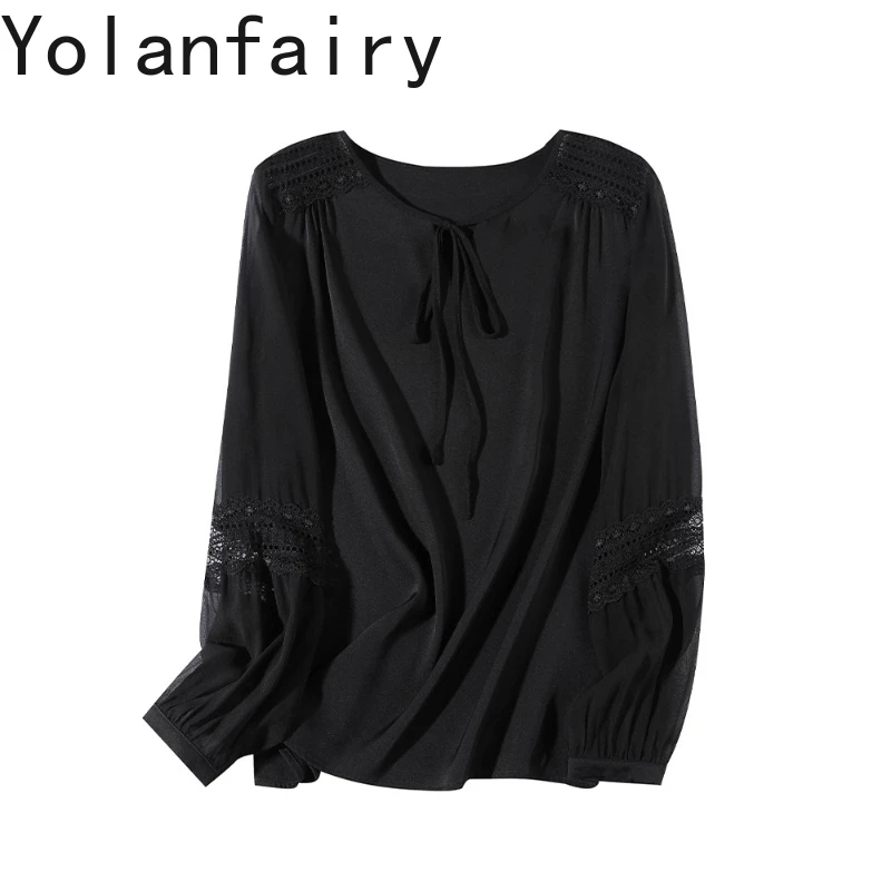 YOLANFAIRY High Quality 95% Genuine Mulberry Silk Blouse Woman Elegant Lace Patchwork Beautiful Black Shirt Ladies Tops Blouses