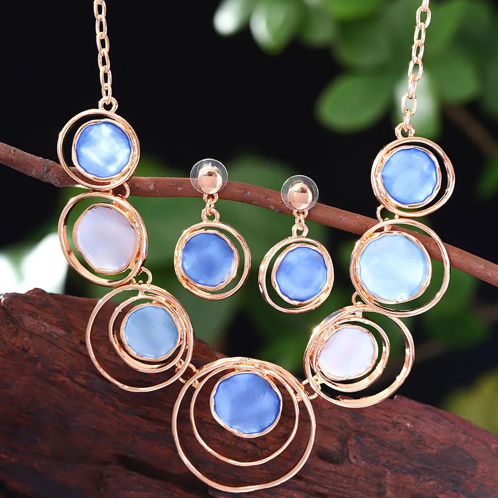 Women's Blue Enamel Geometric Necklace Set, Elegant Gift
