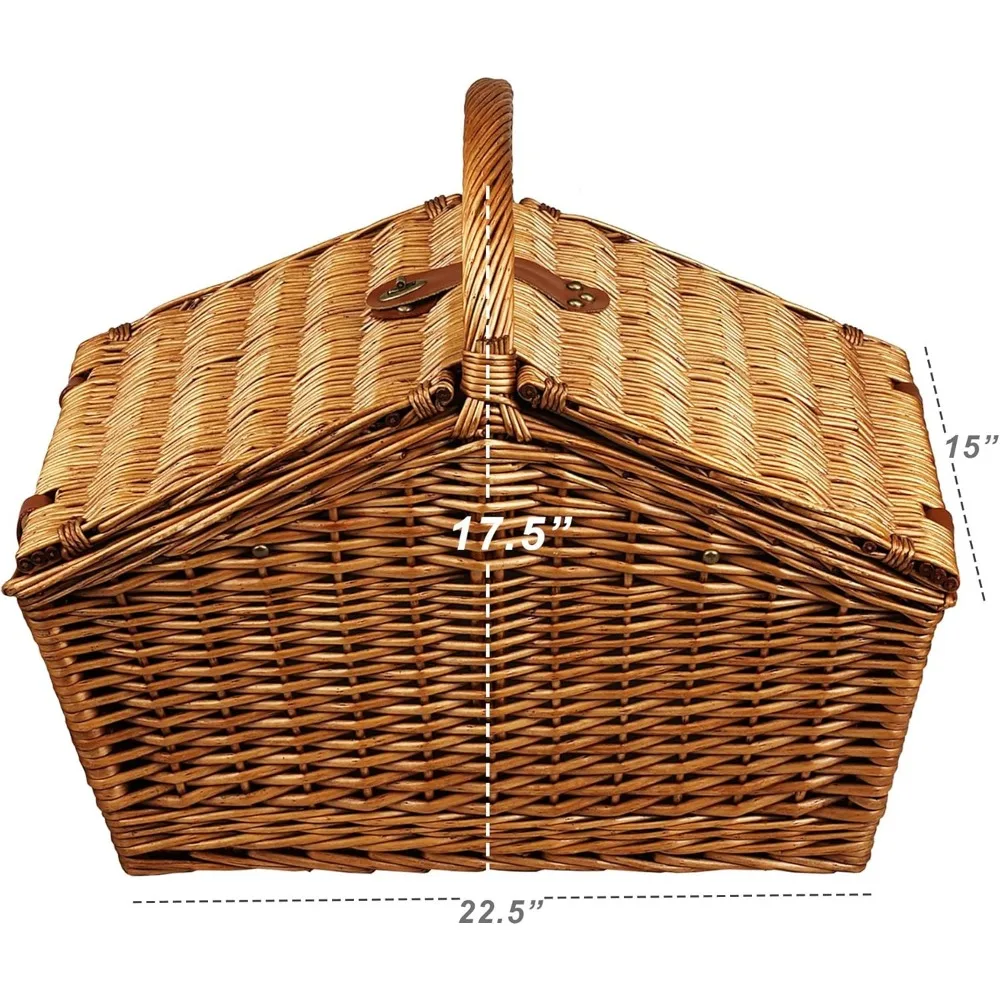 English-Style Willow Picnic Basket with Service for 4 and Blanket - London Plaid