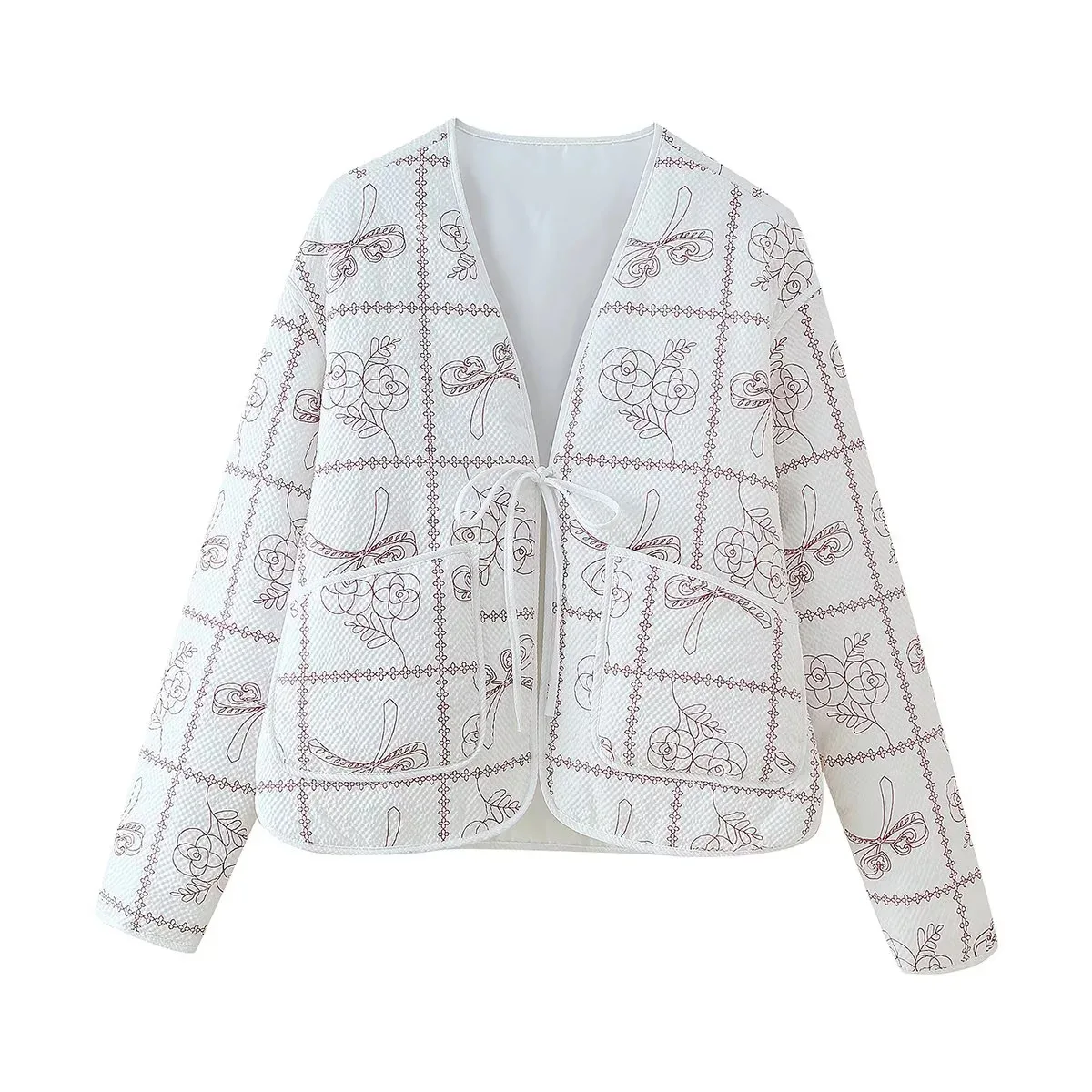 

2025 Women's Clothing V-neck Bow Tie Textured Printed Cotton Jacket New Fashion Arrivals